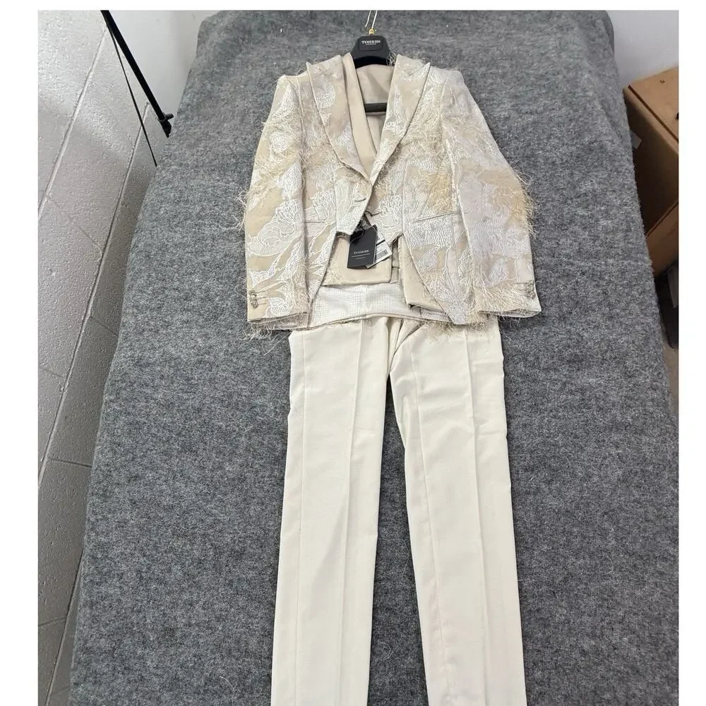 Torres Mens Tuxedo Suit 38 US 48 EU Beige Floral Borcade Tasseled 3pcs Set N11